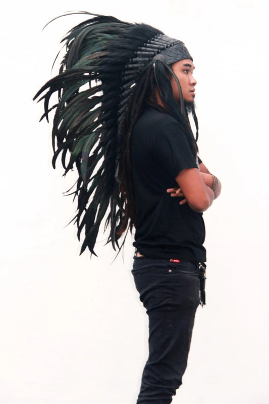 Black Feather Indian Headdress Replica Medium Lenght