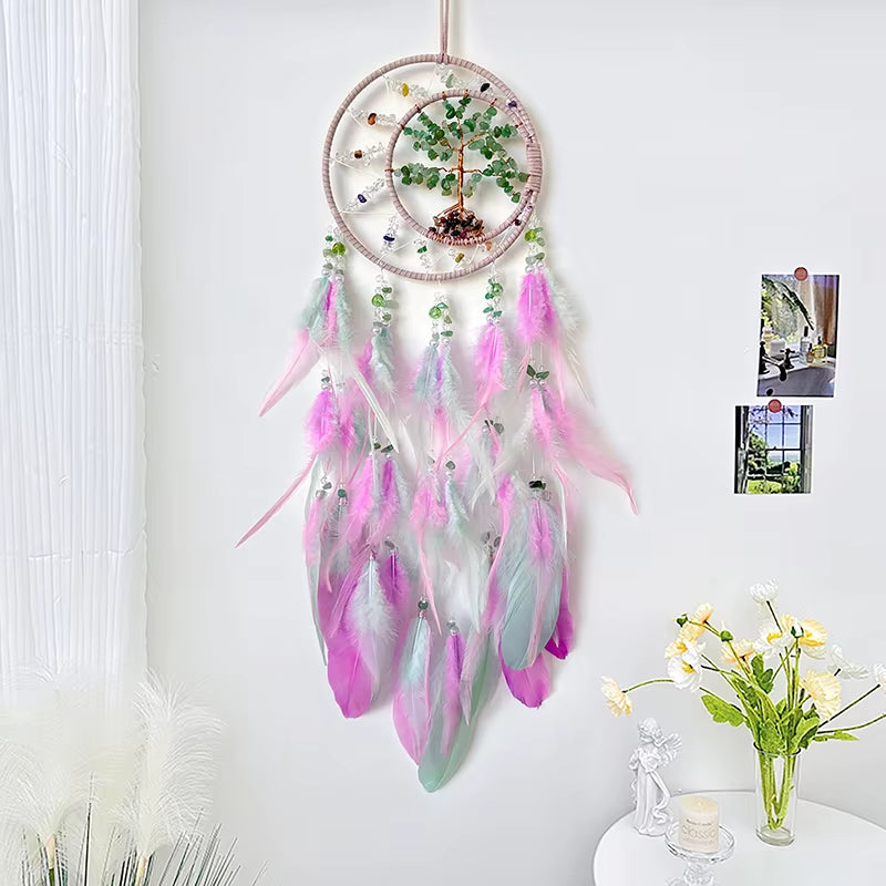 Dream Catcher Crystal Tree of Life Wind Chimes Nordic Hand-Woven Feathers Bedroom Hanging Ornaments Wall Decor Festival Gifts