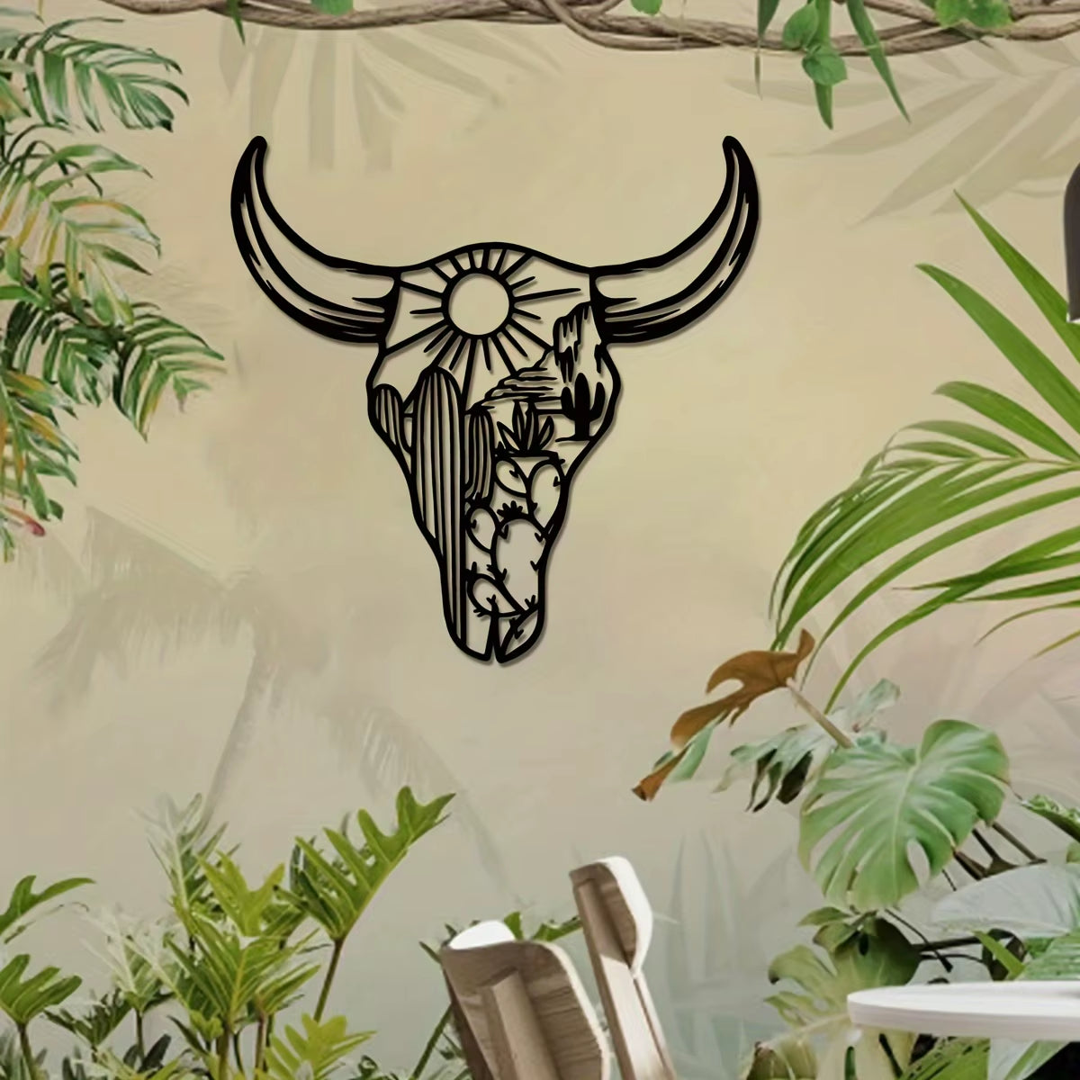 1Pc Decorative Bull Skull Metal Wall Sculpture – Bohemian Long-Horned Water Buffalo Wall Décor, Floral Desert Wall Hanging