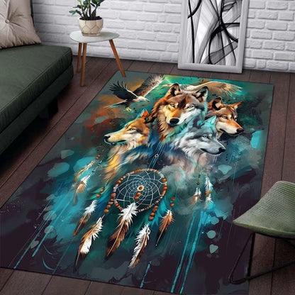 Dreamcatcher Wolves Rug - Native American Spirit Animal Art, Boho Chic Living Room Decor anti Slip Carpet Can Be Machine Washed