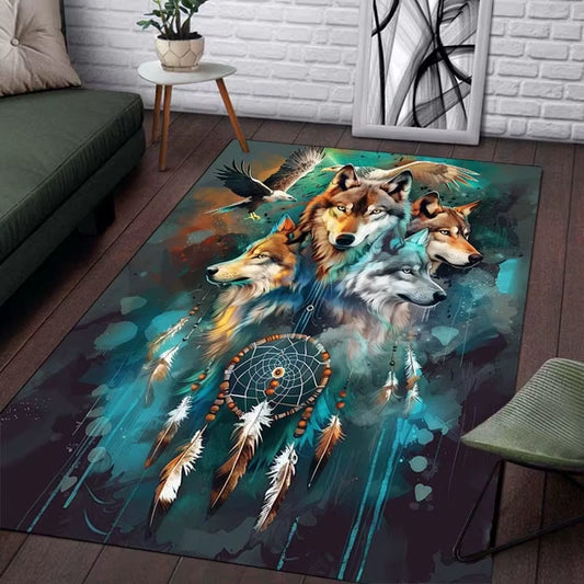 Dreamcatcher Wolves Rug - Native American Spirit Animal Art, Boho Chic Living Room Decor anti Slip Carpet Can Be Machine Washed