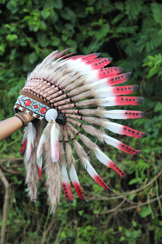 Indian Headdress Replica, White and Red Feathers Short Length