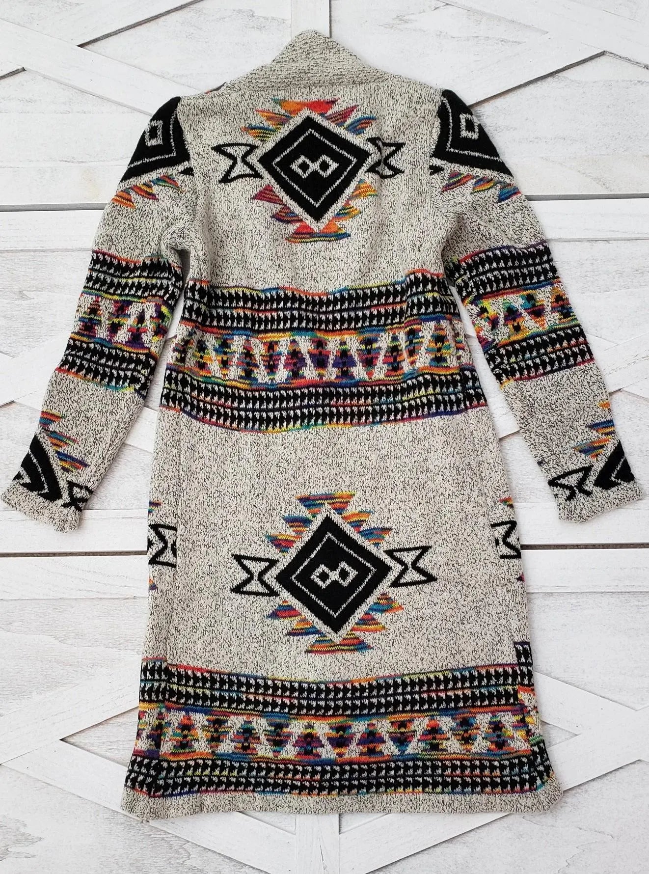 Boho Aztec Tribal Cowichan Southwestern Knit Long Cardigan Sweater Duster Coat Top Western Fall Winter Women'S Outerwear