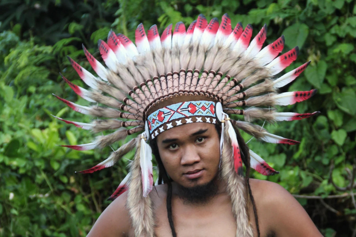 Indian Headdress Replica, White and Red Feathers Short Length