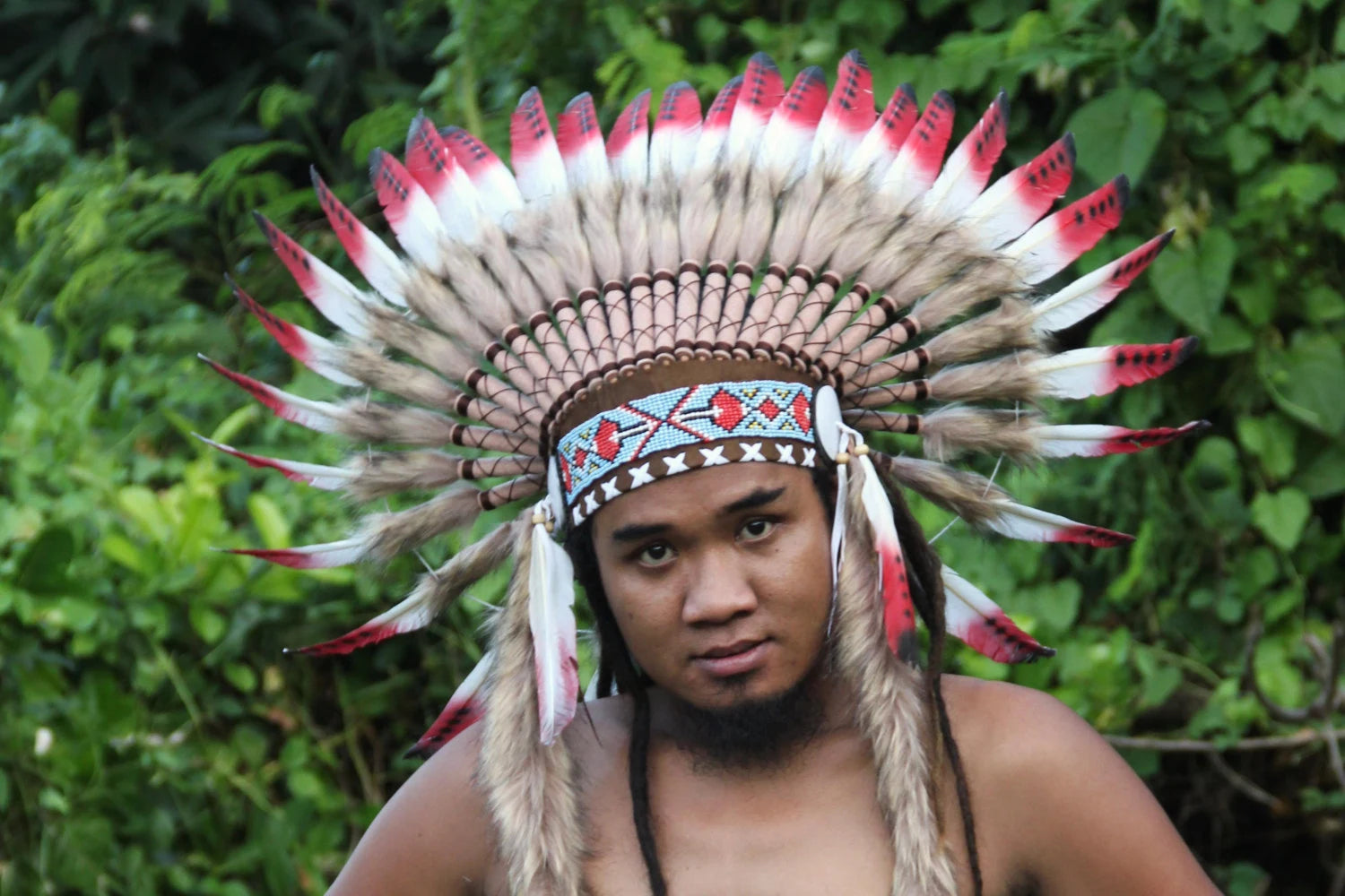 Indian Headdress Replica, White and Red Feathers Short Length