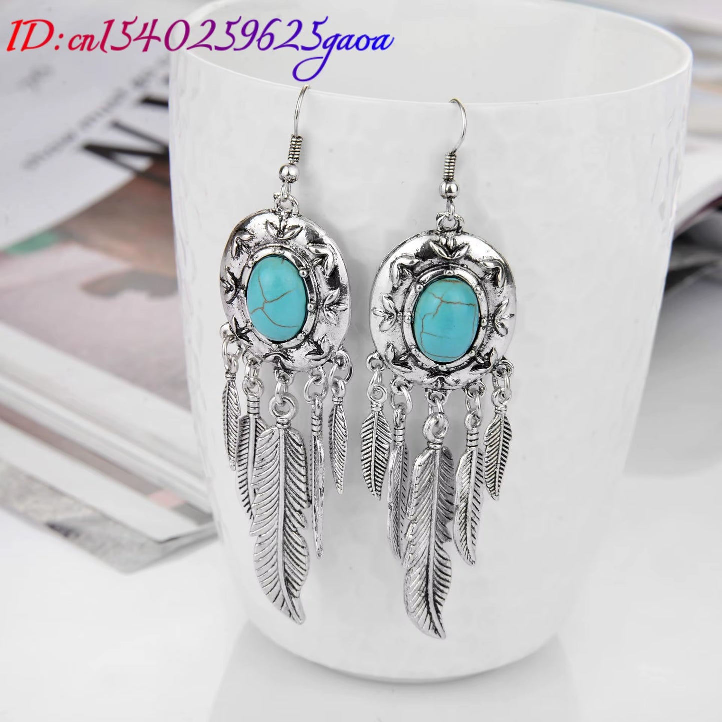 Natural Turquoise Earrings Carved Gemstone Fashion Accessories 925 Silver Luxury Stone Charm Real Jewelry Feather Amulet