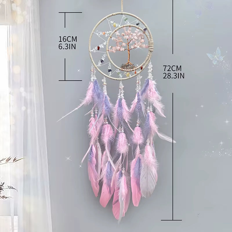 Dream Catcher Crystal Tree of Life Wind Chimes Nordic Hand-Woven Feathers Bedroom Hanging Ornaments Wall Decor Festival Gifts
