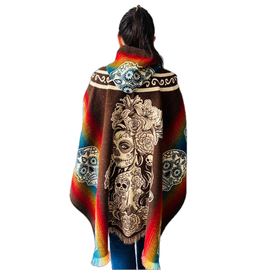 Alpaca Handmade Poncho | Catrina Skull Mexican Day of the Dead | Men or Women | Genuine Alpaca Wool One Size