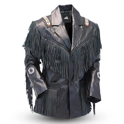 Western Cowhide Leather Jacket Traditional Vintage Buckskin Cowboy Fringe Jacket Coat Native American Style Leather Outfit Beads & Tassels