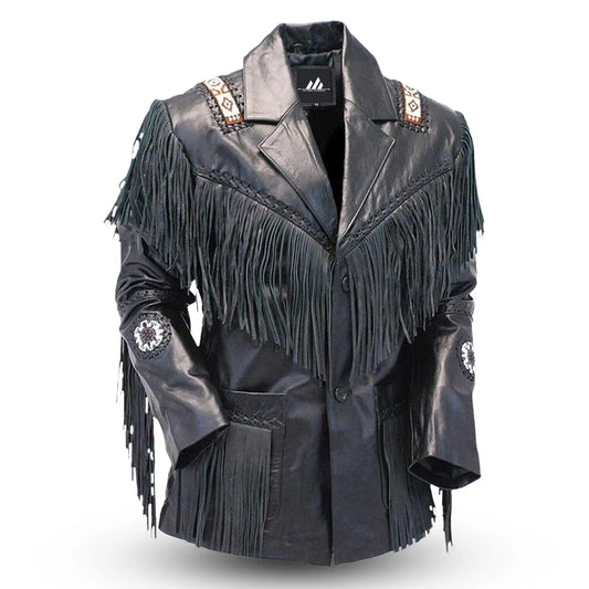 Western Cowhide Leather Jacket Traditional Vintage Buckskin Cowboy Fringe Jacket Coat Native American Style Leather Outfit Beads & Tassels