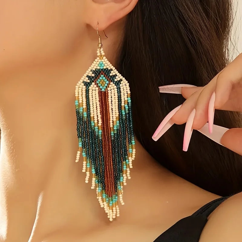 Bohemian Style Long Tassels, Handmade Beaded Earrings, Seed Beads, Geometric Shapes, Earrings, Gifts for Mothers