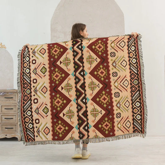 Retro Indian Style Thread Blanket Countryside Geometry Sofa Cobertor Hanging Tapestry Cotton Knitted Sofa Blanket for Bed Travel
