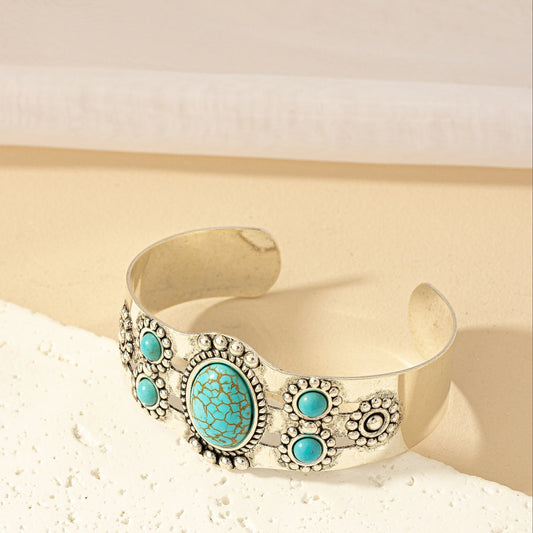 Vintage Bohemian Style Artificial Inlaid Turquoise Cuff Bangle for Women Men Personality Creative Design Bangles Jewelry Gift