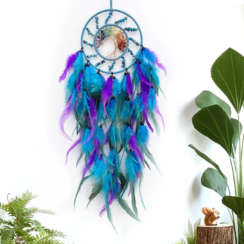 Dream Catcher Tree of Life Crystal Hand-Woven Feathers Wind Chimes Wall Hangings for Bedroom Creative Festival Gifts Home Decor