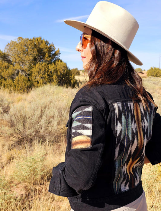Black Denim Jacket, Jean Jacket, Western Outerwear, Upcycled Coat with Back Panel Patches, Wyeth Trail, Wool Patches, Cowgirl Gifts, Rodeo