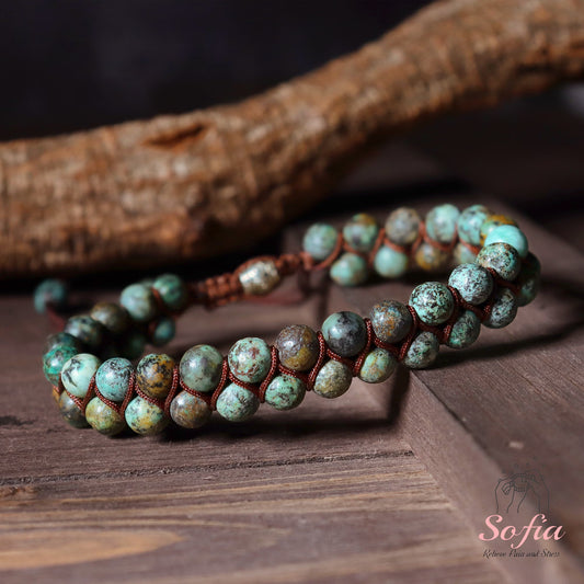Natural African Turquoise Bracelet - Green Turquoise Stone Braided Bracelet - Green Gemstone Healing Bracelet Gift to Him, Gift to Her