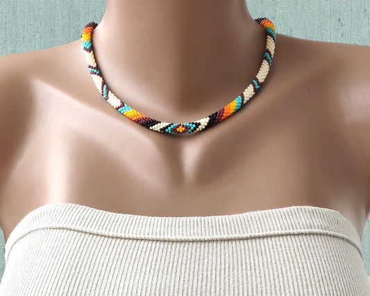Native Style Thin Rope Necklace, Ethnic Crochet Bead Jewelry, Traditional Colors
