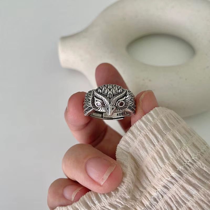 925 Sterling Silver Big Ring Finger Cute Owl Open Ring for Women Man Fashion Animal Rock Punk Fine Jewelry Circle