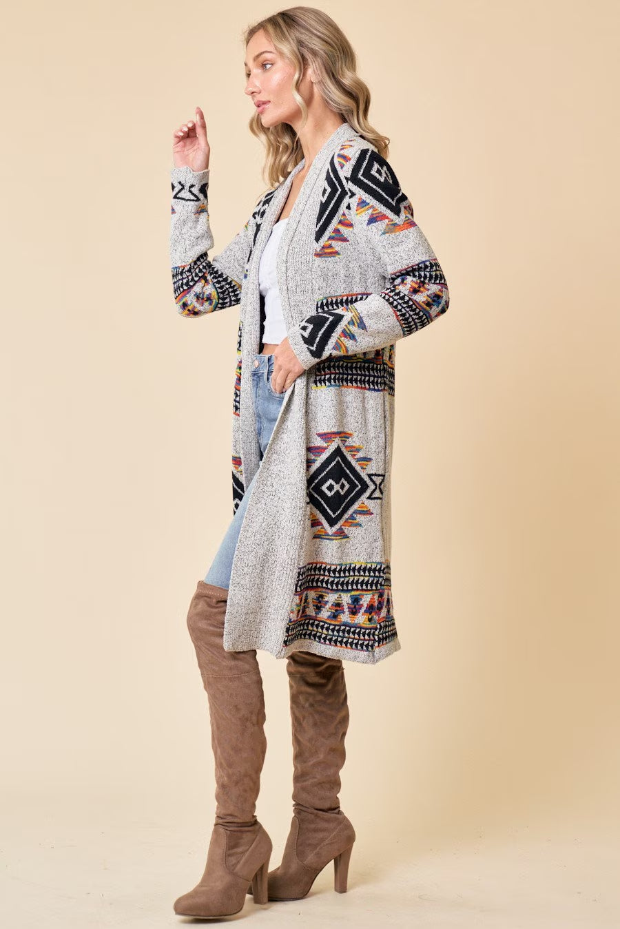 Boho Aztec Tribal Cowichan Southwestern Knit Long Cardigan Sweater Duster Coat Top Western Fall Winter Women'S Outerwear