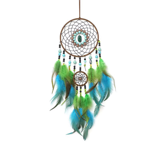 Creative Green Feathers Dream Catcher Eyes Stone Wind Chimes Home Decorations Wall Hanging Bedroom Pendants for Party Gifts
