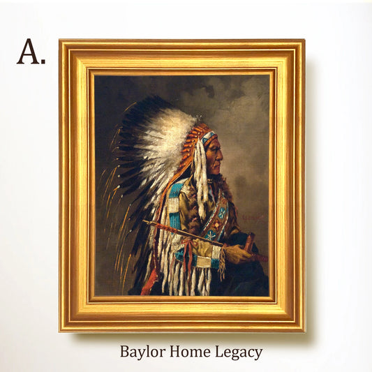 Framed Native American Oil Painting Print on Canvas, Indian Chief Canvas Art Print of Antique Painting, Framed Fine Art Native American Art