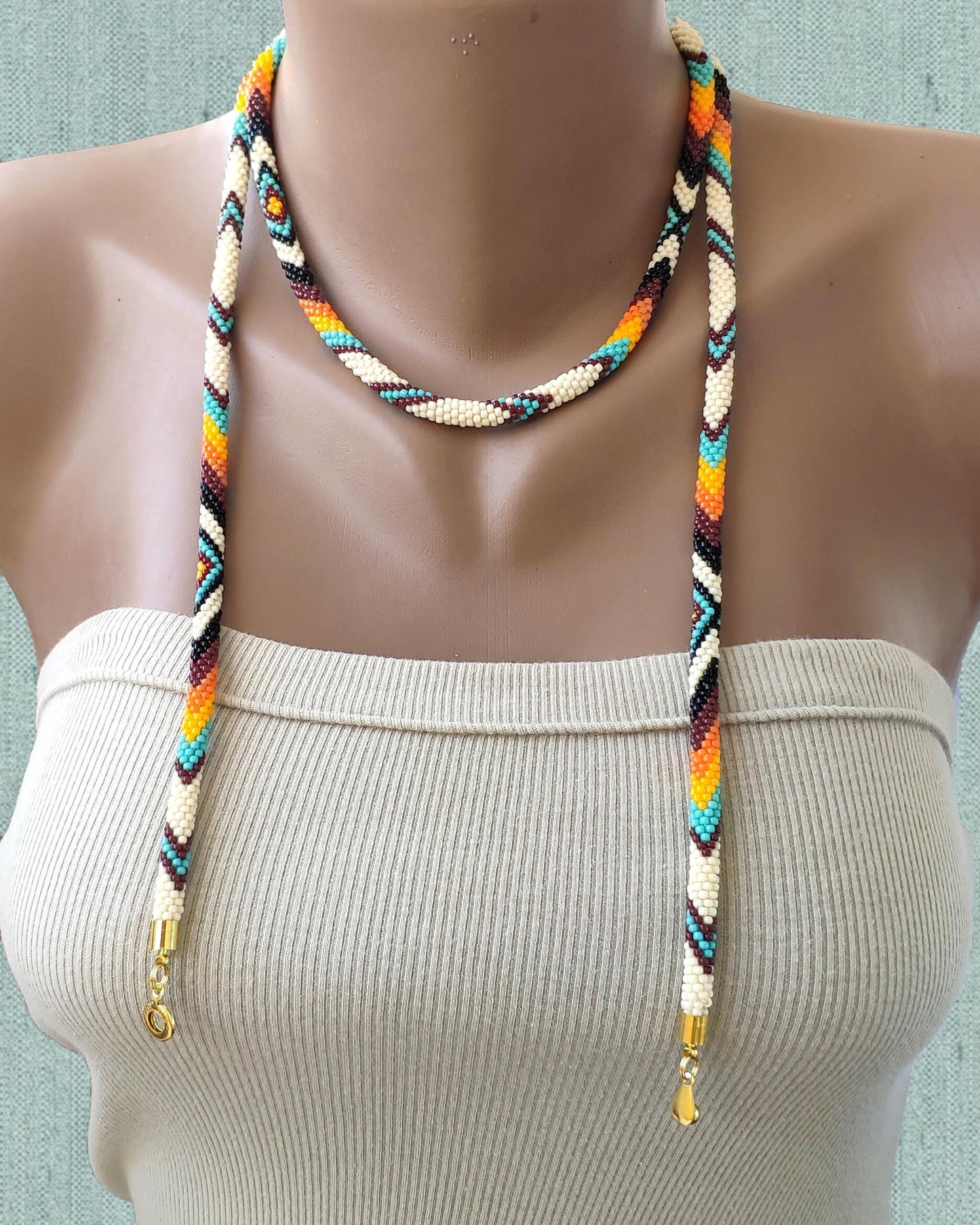 Native Style Thin Rope Necklace, Ethnic Crochet Bead Jewelry, Traditional Colors