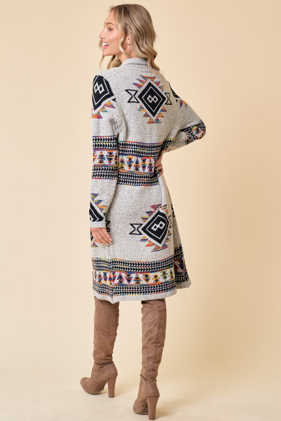 Boho Aztec Tribal Cowichan Southwestern Knit Long Cardigan Sweater Duster Coat Top Western Fall Winter Women'S Outerwear