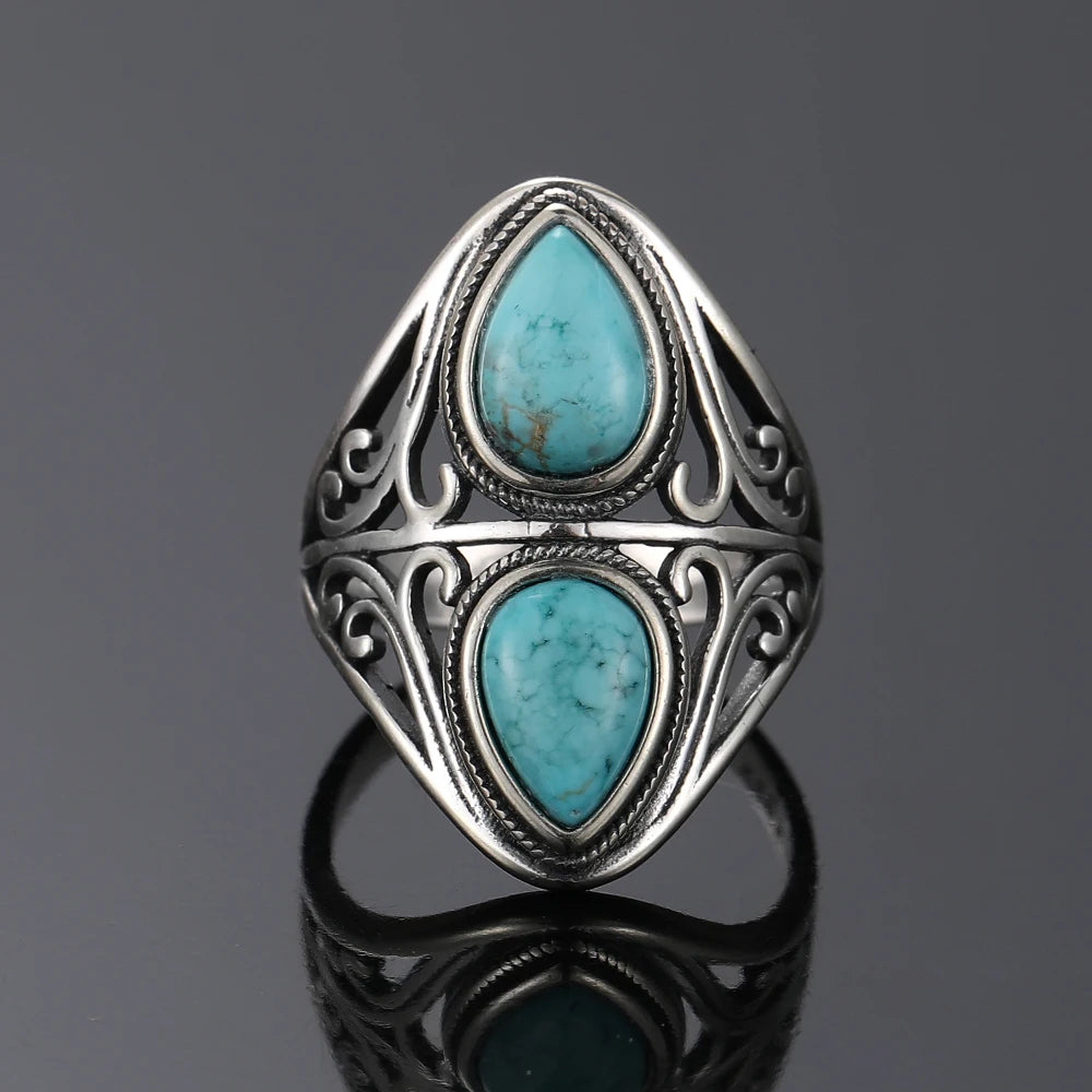 Vintage Natural Turquoise Rings for Women Men Retro Original Design Bohemian Ring S925 Silver Gemstone Female Fine Jewelry Gifts