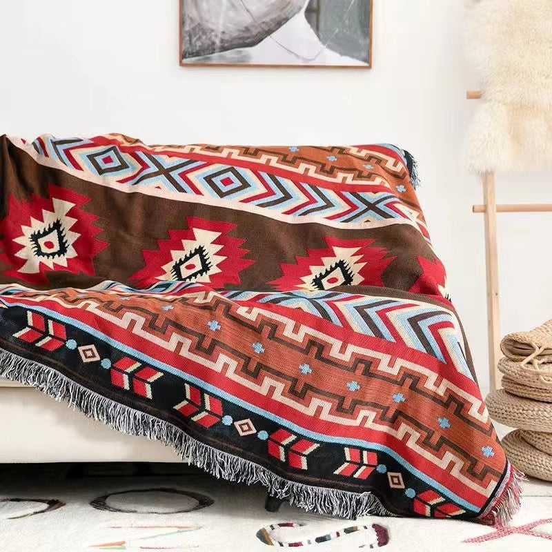 Bohemian Plaid Blanket for Sofa Bed Decorative Blankets Outdoor Camping Picnic Blanket Boho Sofa Cover Throw Blanket with Tassel