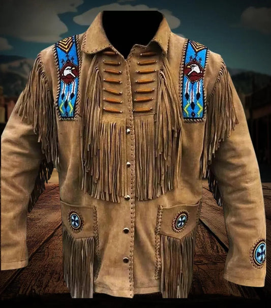 Handmade Beaded Leather Fringe Jacket, Native American Leather Fringe Jacket with Indian Beads, Cowboy Outfit, Western Wear, Old West Outfit