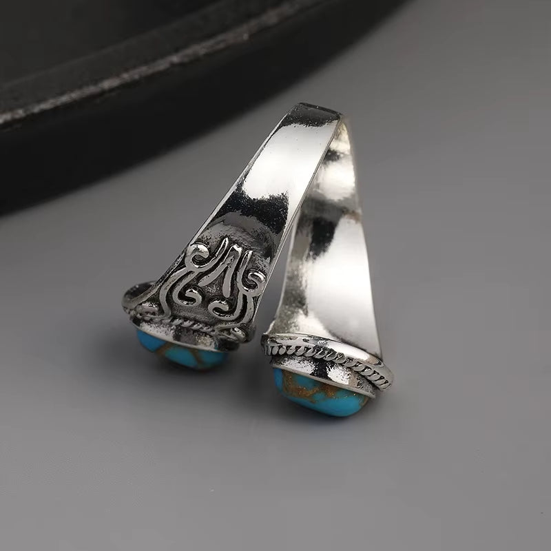 Vintage Wrap Ring Silver Plated Delicate Carving on the Surface Inlaid Turquoise Boho Style Jewelry Match Daily Outfits