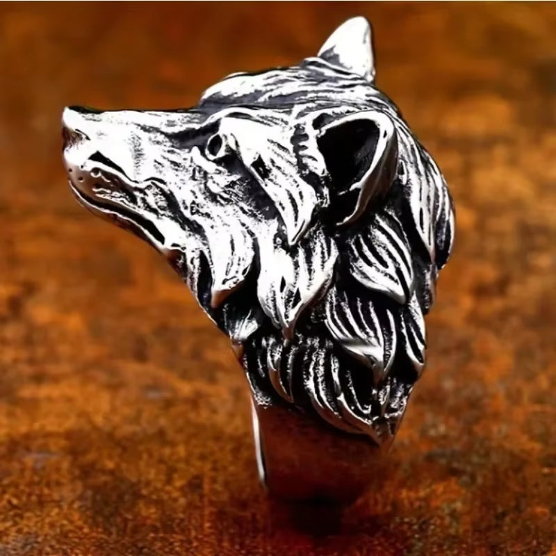 Vintage Wolf Head Men Trend Animal Exaggerated Domineering Hip Hop Personality Open Ring Jewelry