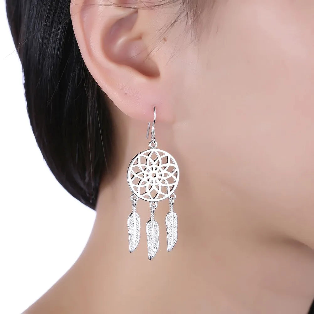 Hot High Quality 925 Sterling Silver Dream Catcher Feathers Earrings for Women Fashion Party Wedding Accessories Jewelry Gifts