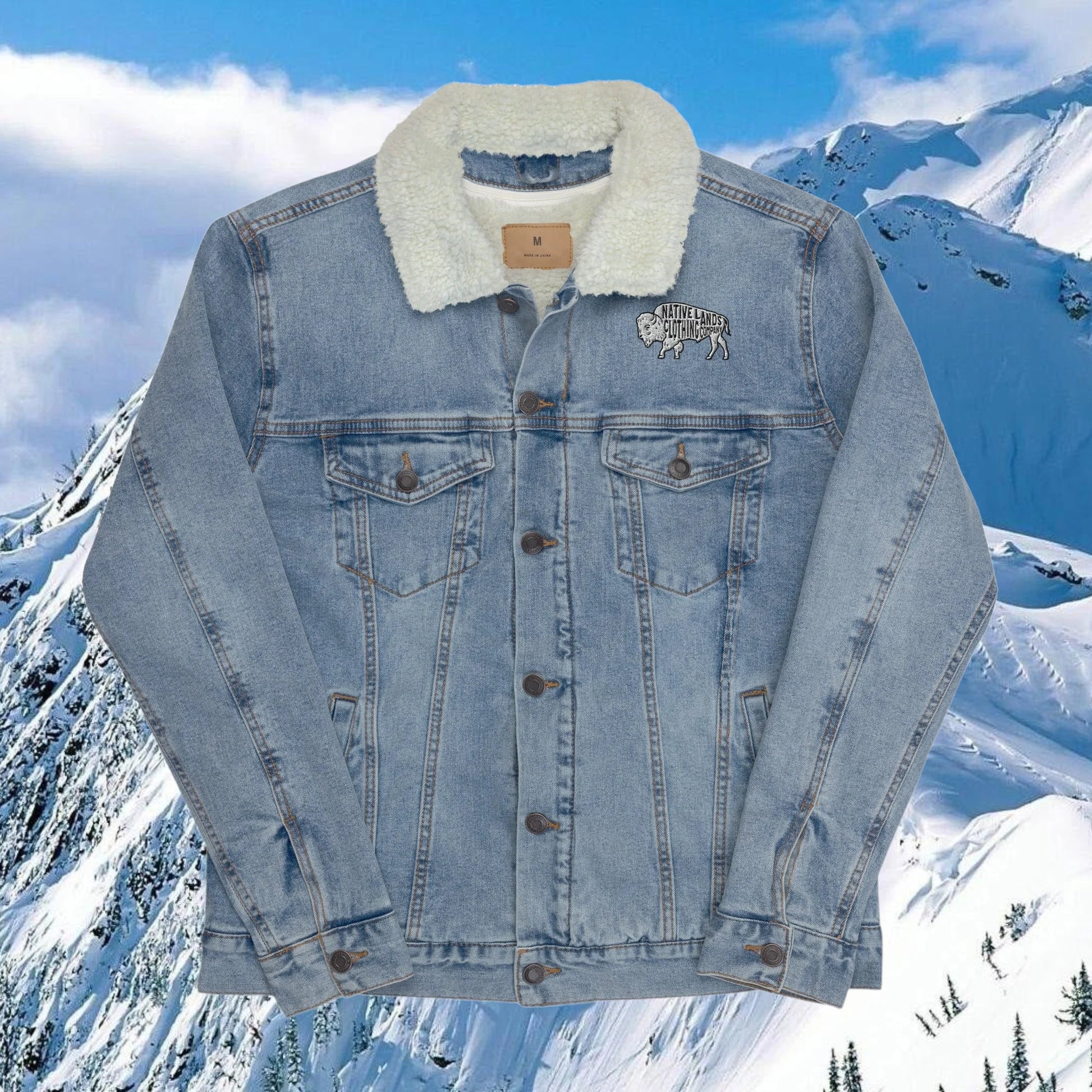 Bison Denim Embroidered Sherpa Jacket - Honoring First Nations, Inuit, Native American Cultures
