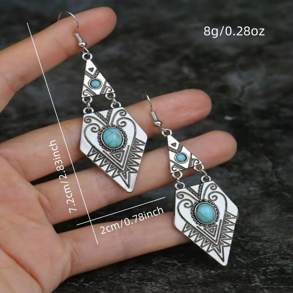 Vintage Bohemian Creative Geometric Rhombus Synthetic Turquoise Handmade Earrings, Alloy Female Wedding Couple Holiday Jewelry