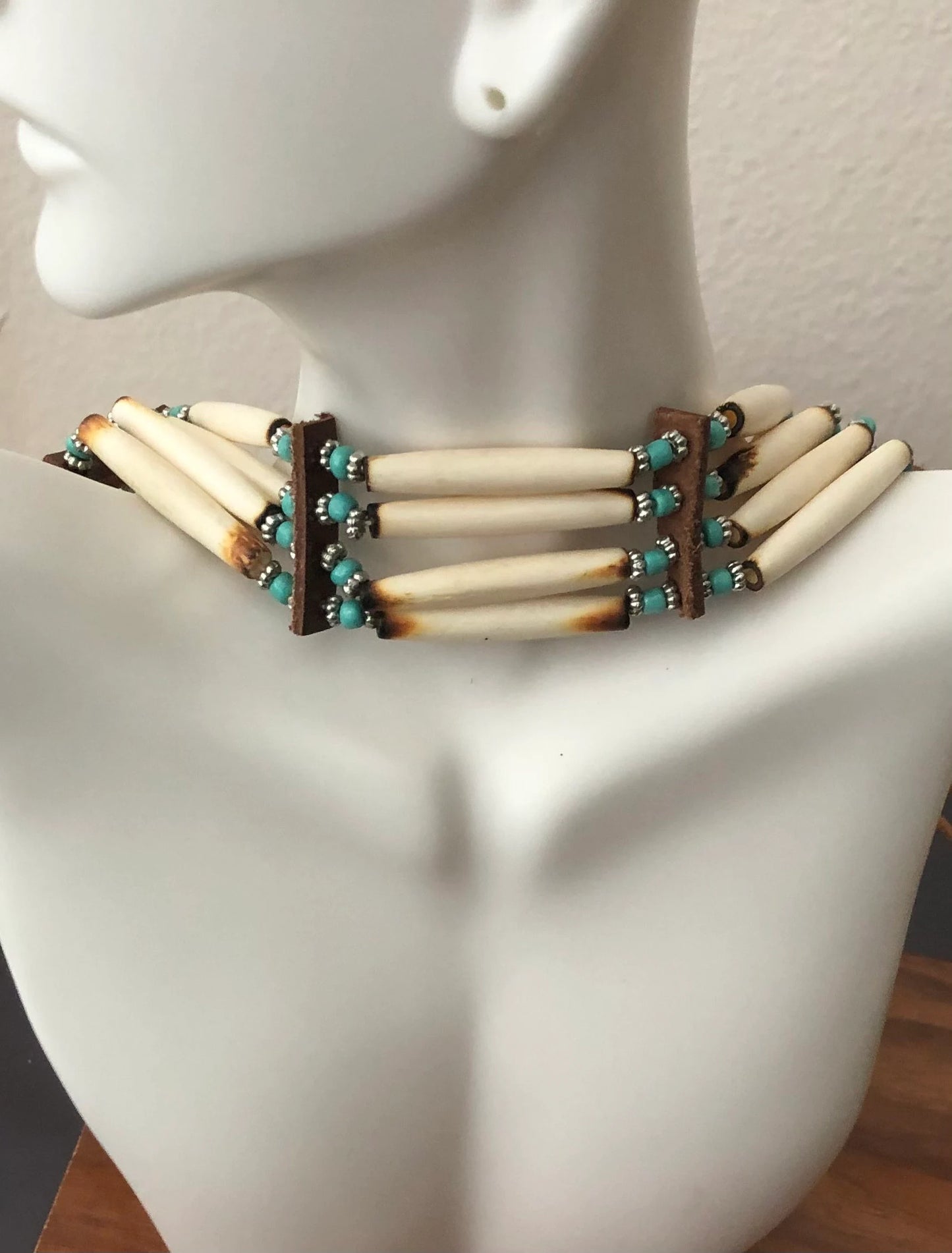 Buffalo Bone Bead Choker Tribal Necklace Turquoise Native American Indian Style 4 Strand