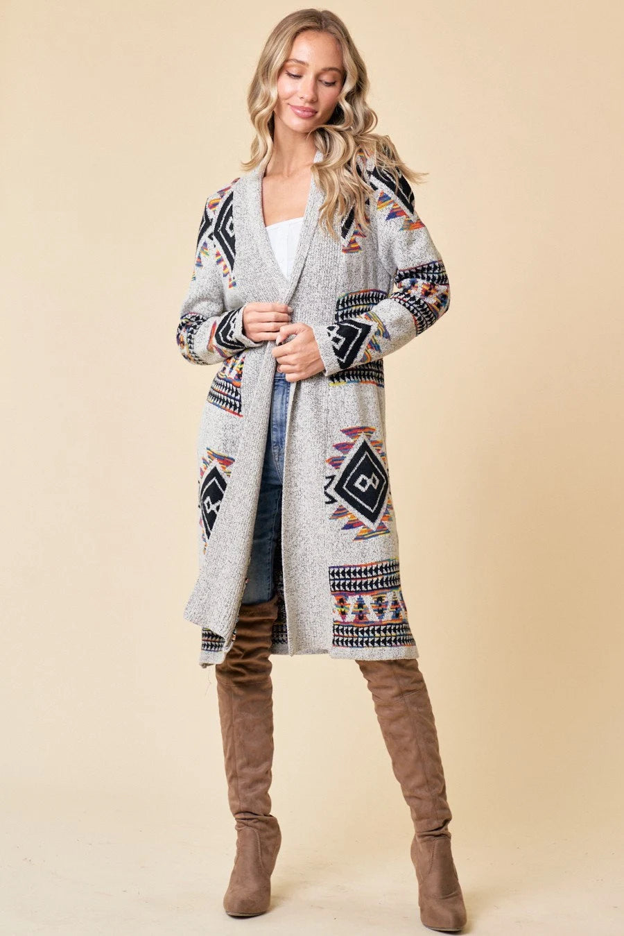 Boho Aztec Tribal Cowichan Southwestern Knit Long Cardigan Sweater Duster Coat Top Western Fall Winter Women'S Outerwear