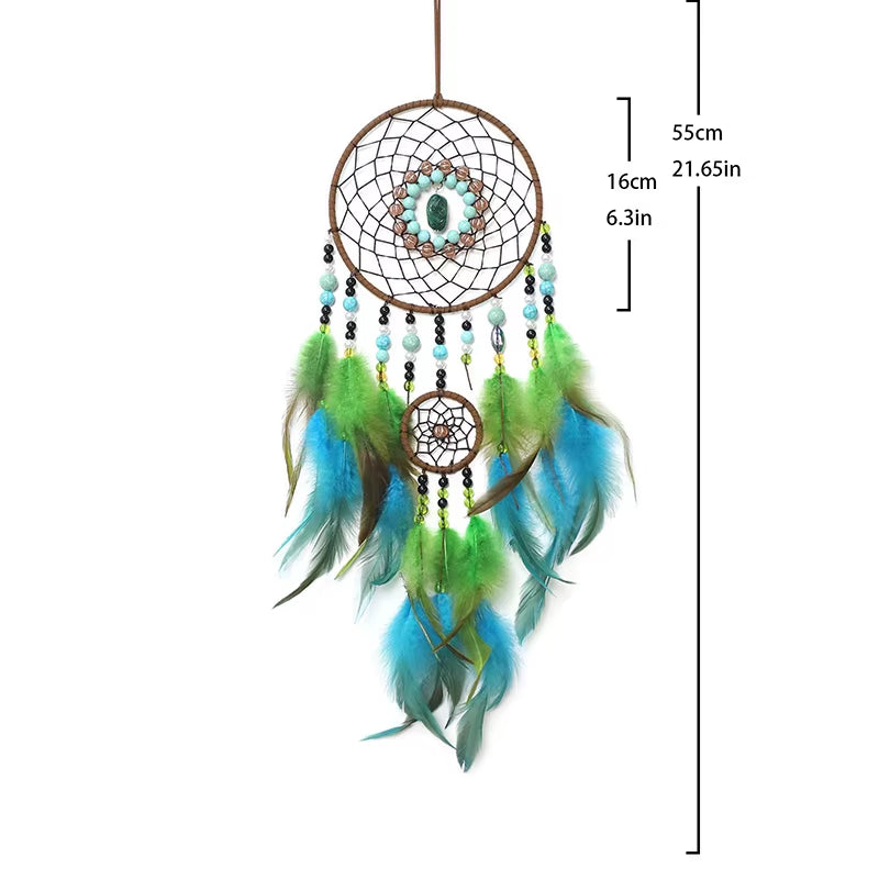 Creative Green Feathers Dream Catcher Eyes Stone Wind Chimes Home Decorations Wall Hanging Bedroom Pendants for Party Gifts