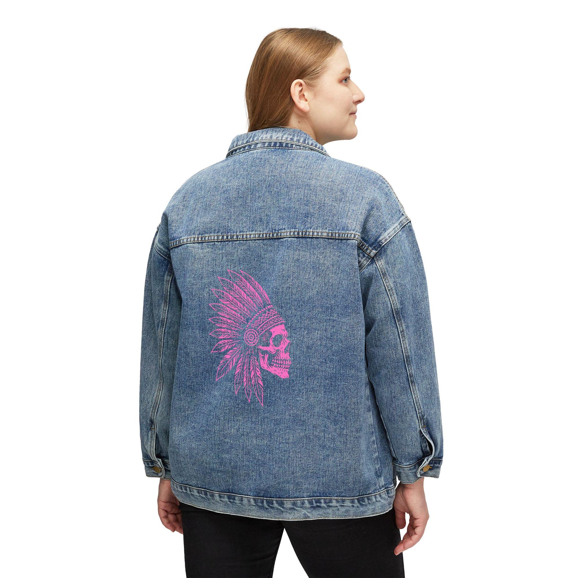 Denim Jacket: Native American Skull War Bonnet - Boho Festival Style