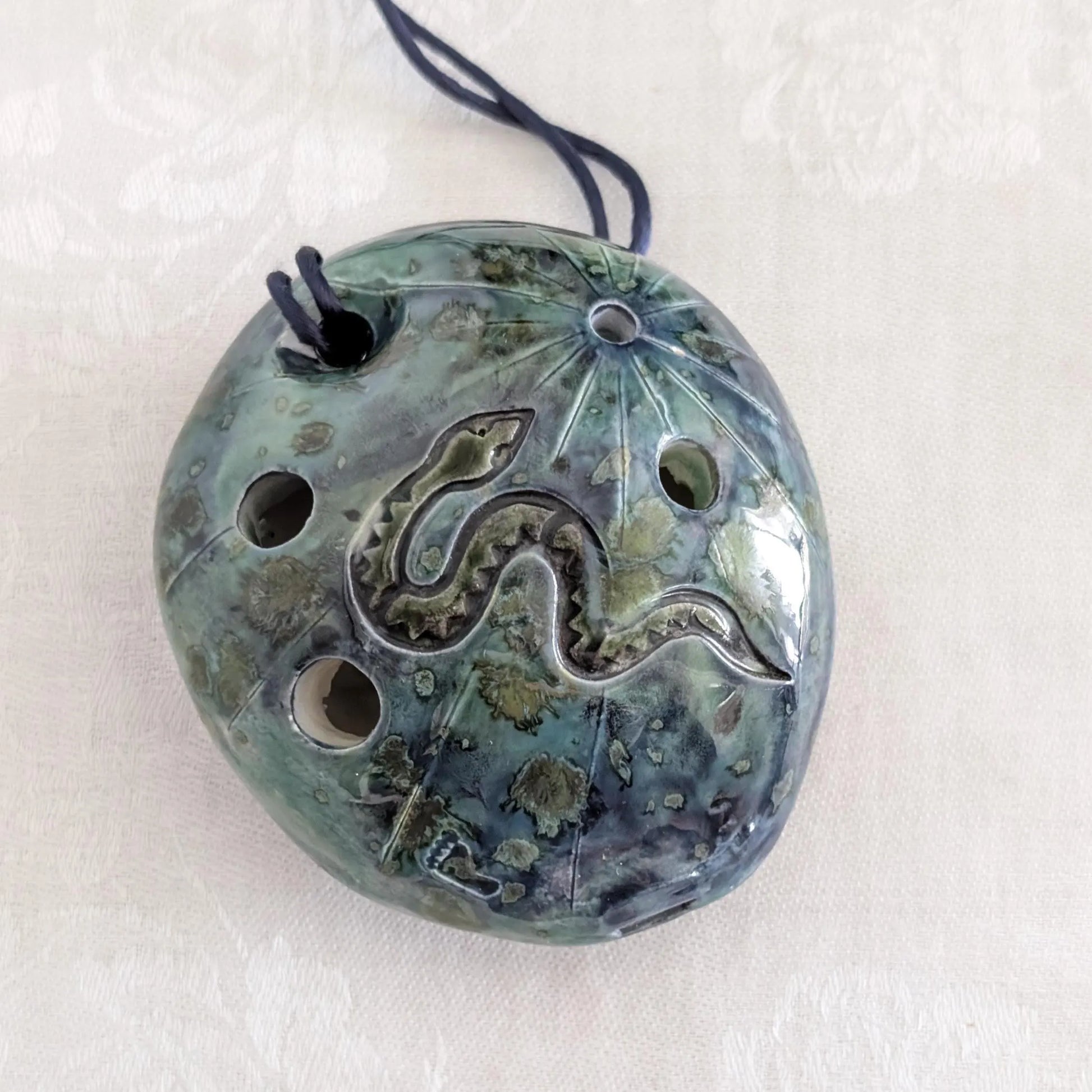 Vintage Artisan-Made 5-Hole Flute, Whistle, Ocarina, Southwest Theme, Snake, Cactus, Footprint
