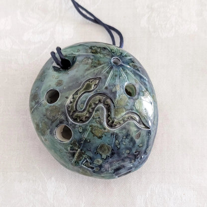 Vintage Artisan-Made 5-Hole Flute, Whistle, Ocarina, Southwest Theme, Snake, Cactus, Footprint