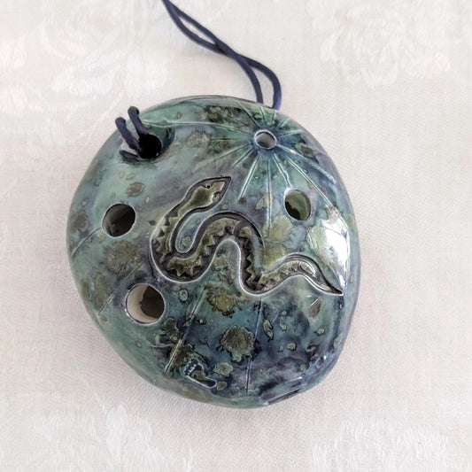 Vintage Artisan-Made 5-Hole Flute, Whistle, Ocarina, Southwest Theme, Snake, Cactus, Footprint