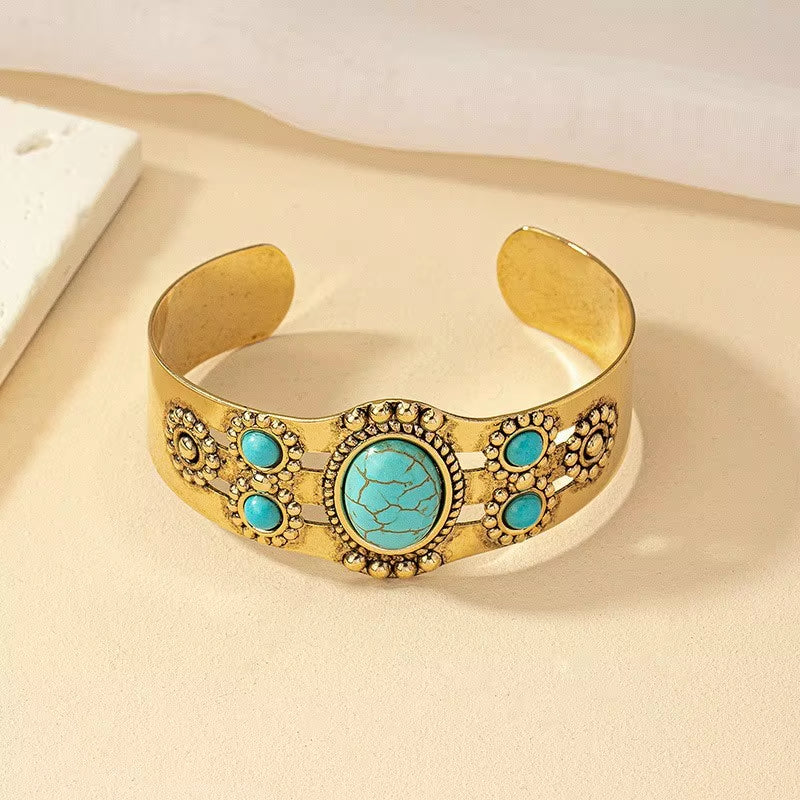 Vintage Bohemian Style Artificial Inlaid Turquoise Cuff Bangle for Women Men Personality Creative Design Bangles Jewelry Gift