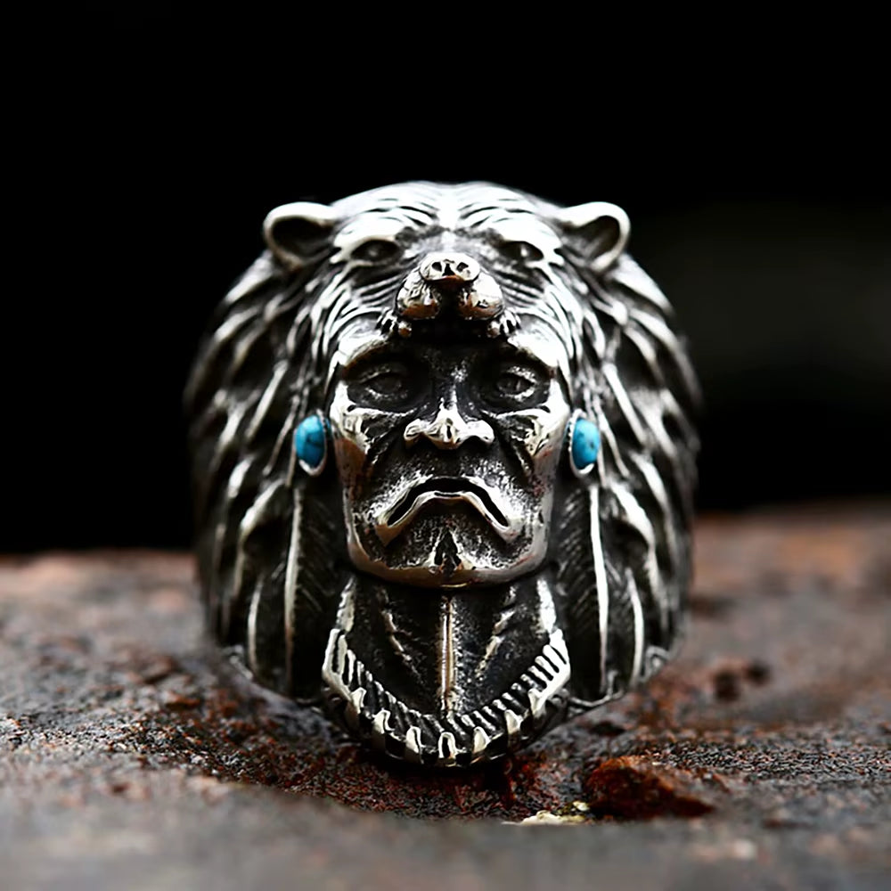 Vintage Stainless Steel Indian Warrior Ring with Blue Stone Punk Biker Wolf Animal Ring for Men Women Religion Jewelry Wholesale