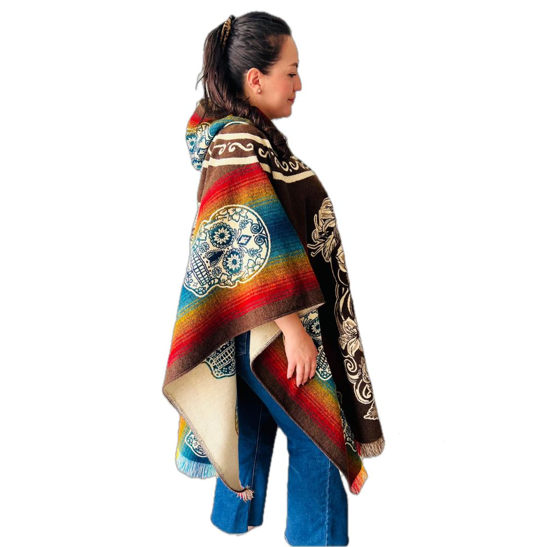 Alpaca Handmade Poncho | Catrina Skull Mexican Day of the Dead | Men or Women | Genuine Alpaca Wool One Size