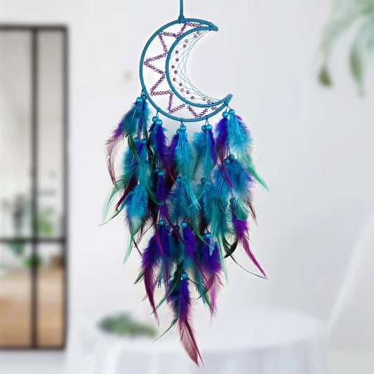 Indian Moon Dreamcatcher Wind Chimes Hand-Woven Feather Room Wall Hanging Ornament Creative Car Pendant Birthday Gift Home Decor