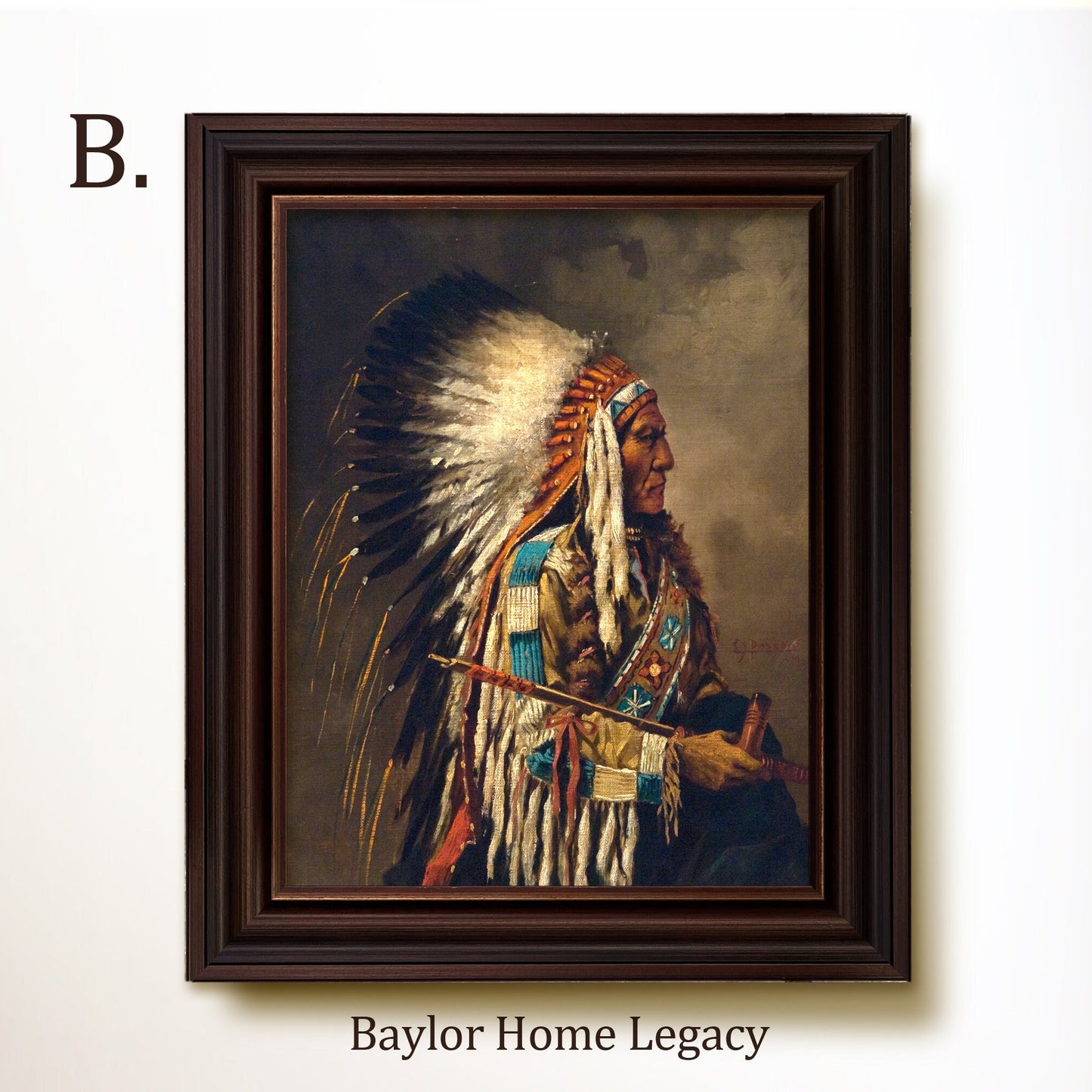 Framed Native American Oil Painting Print on Canvas, Indian Chief Canvas Art Print of Antique Painting, Framed Fine Art Native American Art
