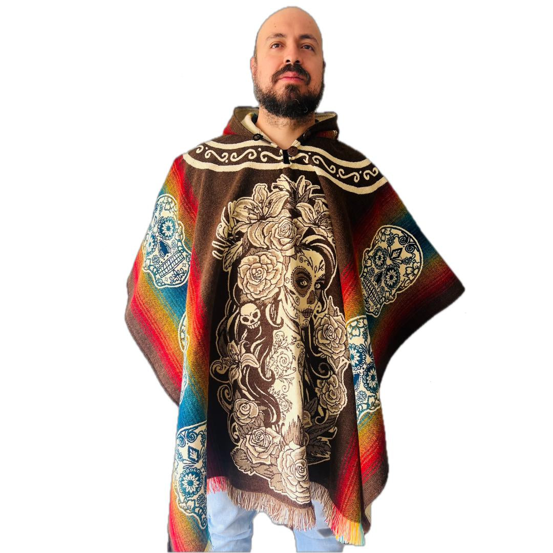 Alpaca Handmade Poncho | Catrina Skull Mexican Day of the Dead | Men or Women | Genuine Alpaca Wool One Size