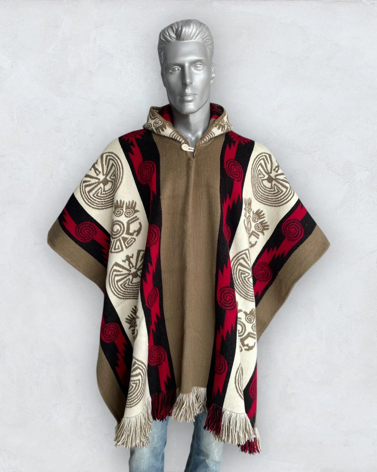 Alpaca Wool Poncho in Beige/Red. Navajo Southwestern Poncho Handcrafted by Indigenous Hands. Soft and Warm with Hood. One Size Unisex Use.
