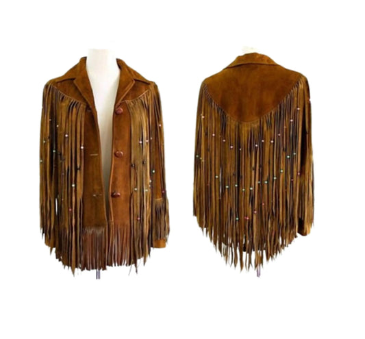 Women Native American Western Style Suede Leather Jacket with Long Fringes & Beads Work - Brown SB-WJ-001